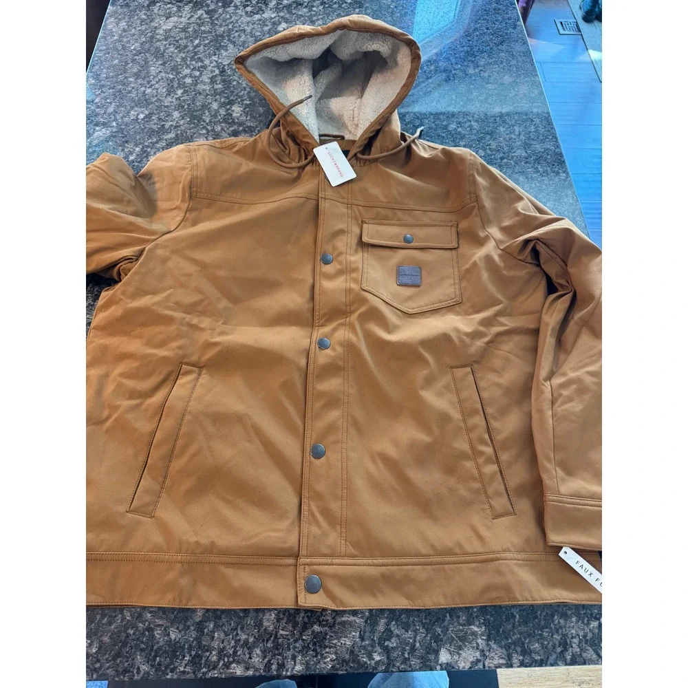 Lucky Brand Mens Tobacco Brown Hooded Canvas Jacket Faux Fur‎ Sherpa KNR30652 XL